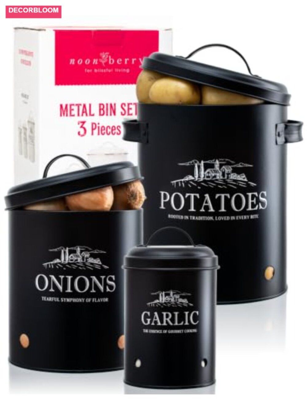 3-Piece Potato Onion Garlic Storage Bin Set Steel Kitchen Countertop